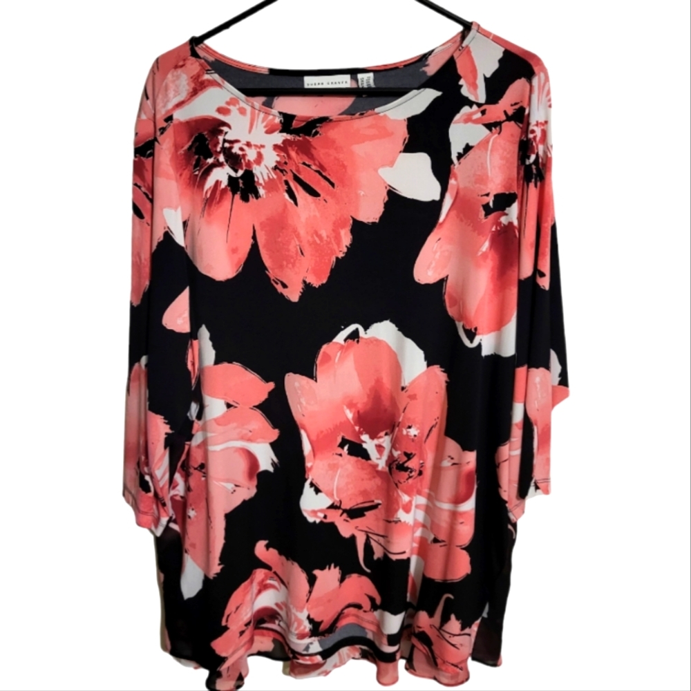 Susan Graver Pink Floral Liquid Knit Blouse, Plus Size 2X